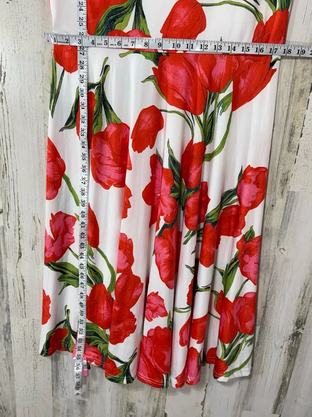 Strapless Mermaid Style Dress with Red Floral Print and Fitted Bodice